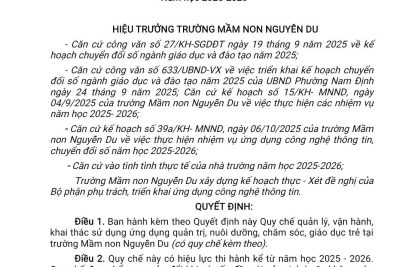 Trường MN Nguyễn Du- Ban hành quy chế quản lý, vận hành, khai thác sử dụng ứng dụng quản trị, nuôi dưỡng, chăm sóc, giáo dục trẻ Năm học 2025-2026